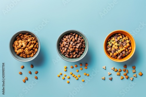 Dry Pet Food Set, Cat Diet, Puppy Food Brown Pieces, Dog Meal in Bowls, Pet Dinner Crackers