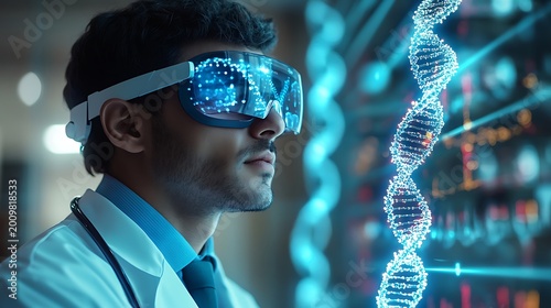 A scientist in a lab coat wearing futuristic virtual reality goggles examines a glowing blue DNA double helix structure