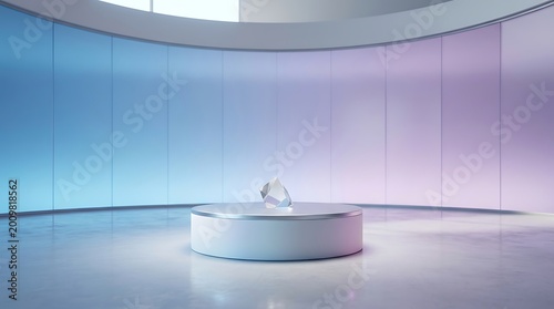 A single sparkling diamond sitting on a round white pedestal in a modern room with glowing blue and purple curved walls
