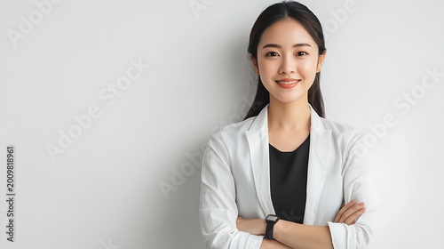 A smiling Asian woman with long dark hair wearing a white blazer and black top