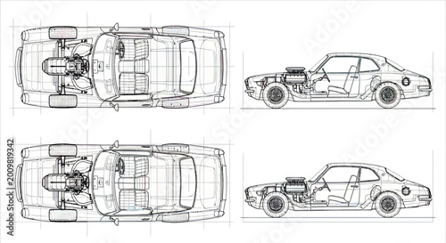 Vintage Muscle Car Technical Blueprint with Top and Side Views showing Engine and Interior Details