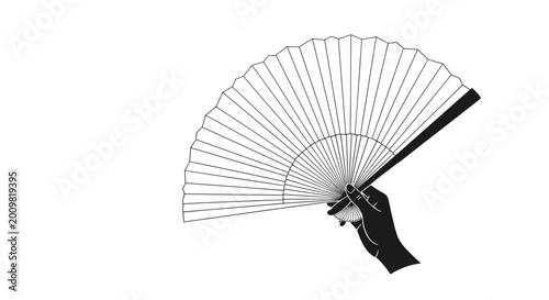 Artistic silhouette of a hand holding an open folding fan shown in stark black and white for a traditional cultural theme.