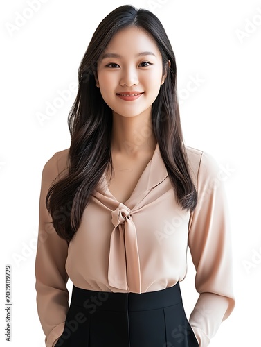 A young Asian woman with long dark hair wearing a beige blouse and black skirt