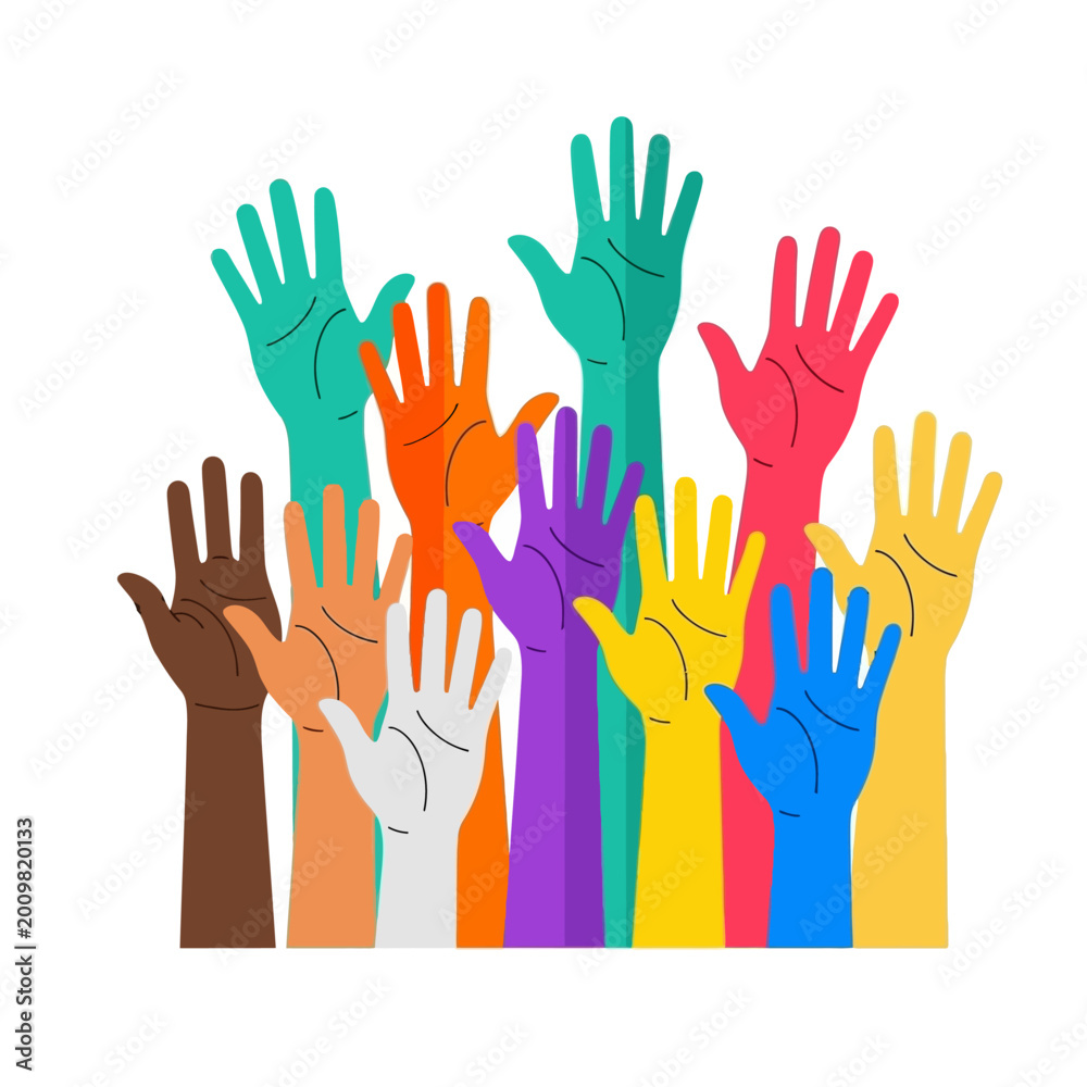 Fototapeta premium Diverse Hands Raised Up, Voting, Volunteering, Community, Teamwork, Diversity