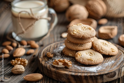 Nut cookies, walnut biscuits, butter cookies, crackers pile in shape of flowers, snowflakes, stars, round shortbread