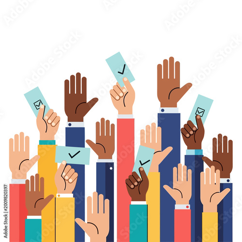 Diverse Hands Raising Voting Ballots with Checkmarks for Election or Decision Making