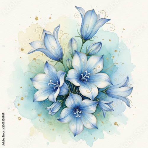 Blue flowers on watercolor background with gold accents. Delicate petals, leaves create elegant floral design. Soft light, wallpaper, creative,abstract texture add artistic flair. Ideal for backdrop, 