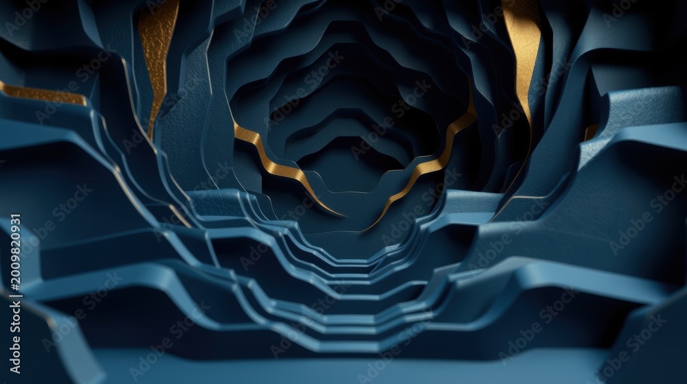 Fototapeta premium Abstract layered design. Dark blue tones dominate, accented by gold details. Tunnellike structure creates depth, intriguing visual effect.