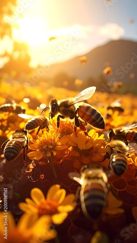 Busy bees collecting nectar from flowers.