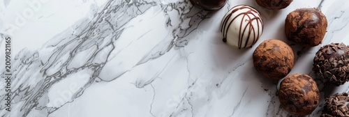 Chocolate truffles, sweets on marble background, scattered chocolates on natural white stone top view