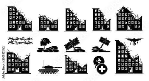 Fotografie War destruction cityscape icons set.