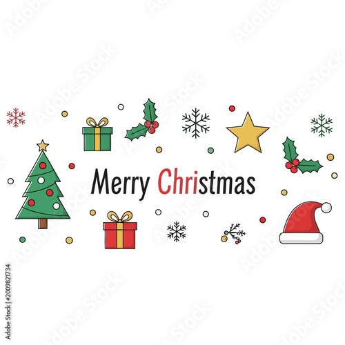 Merry Christmas greeting with festive icons: tree, gifts, star, snowflakes, holly, Santa hat