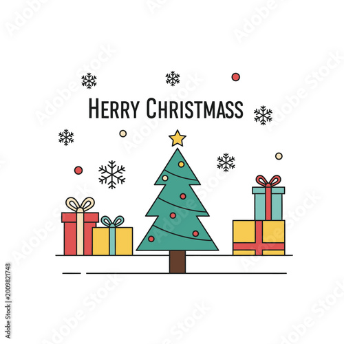 Merry Christmas Tree Gifts Snowflakes Flat Design