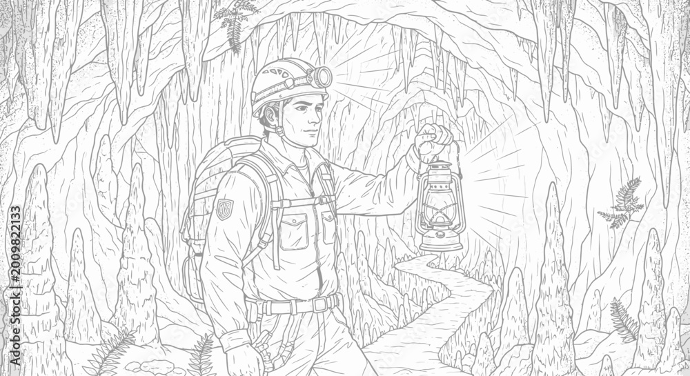 Obraz premium Cave explorer with lantern discovering underground cavern illustration