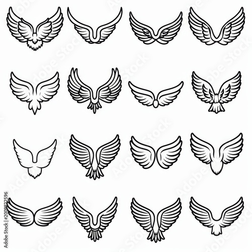 Wings flat icon, angel wings emblem, bird feathers minimal silhouette, pigeon sign, spirituality symbol