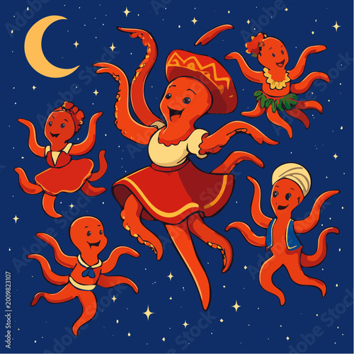Whimsical octopus friends wearing traditional Mexican clothing, dancing under a bright crescent moon in a starry night sky, playful, colorful, folk art style, joyful, festive scene with mult
