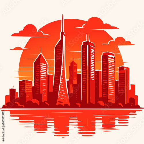 Vibrant stylized cityscape with modern skyscrapers at sunset, artistic vector illustration of urban landscape in warm red tones with reflective water surface