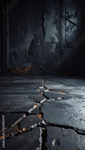 A stark, dimly lit interior reveals a cracked floor and damaged wall, evoking a sense of decay and abandonment.