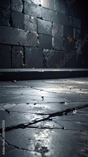 A dimly lit, textured room features a cracked floor and a stone brick wall, evoking a sense of isolation.