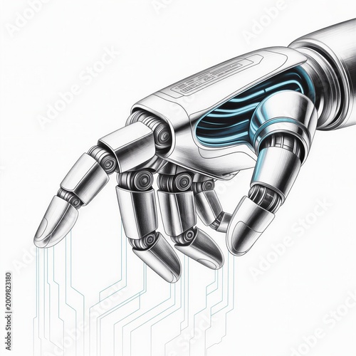 Professional pencil study of a robotic hand showing internal pistons and mechanical components