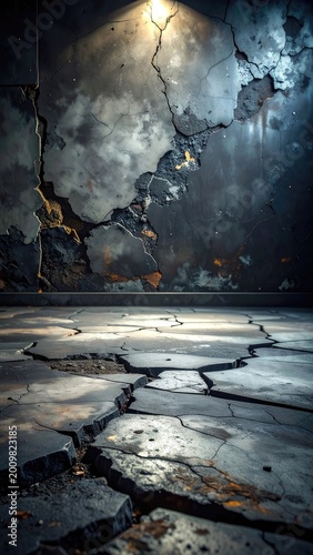 A dramatically lit, cracked concrete wall and floor create a sense of decay and isolation.