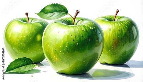 Fresh green apples with water drops.