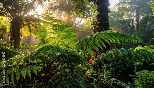 Lush Greenery - A Vibrant Forest Scene with Ferns and Sunlight.