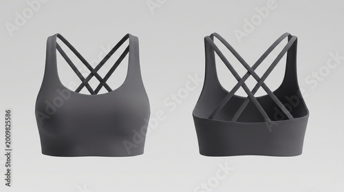 Front and back view of a dark grey women's strappy sports bra, isolated on a clean background for activewear mockup.