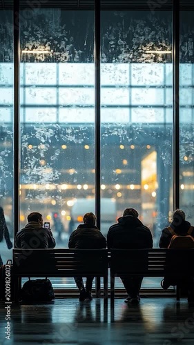 People waiting at the airport terminal on a rainy day, looking out the window at the city lights.