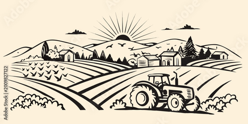 Fotografie Line art illustration of a tractor working in a rural landscape with fields and