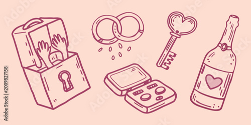 Line drawing illustration of a lock rings heart shaped key and champagne bottle high quality