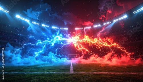 A dramatic, digitally rendered image showcases a vibrant stadium illuminated by intense blue and red lightning, creating a powerful and energetic atmosphere.