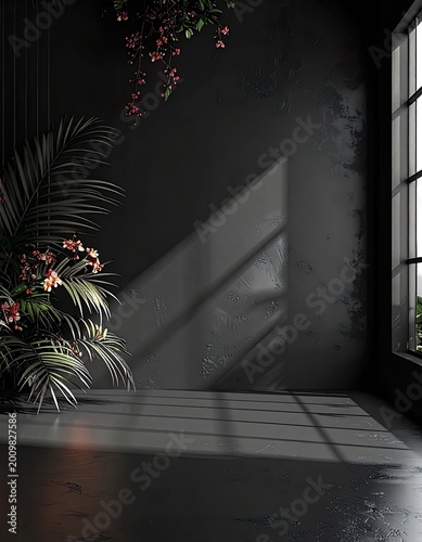 A moody interior scene showcases a dark gray wall adorned with vibrant floral arrangements and striking shadows cast by a nearby window, creating a dramatic and artistic atmosphere.