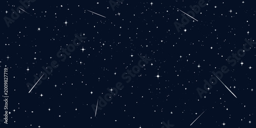 Foto Dark blue night sky with twinkling stars and several bright shooting stars vecto