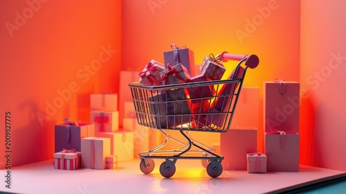 Shopping cart filled with gifts. Presents stacked around, warm lighting, pink hues dominate scene. Festive, minimalist design.