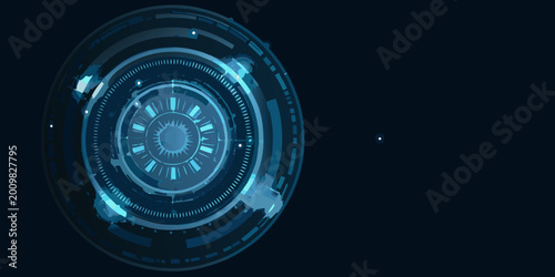 glowing circular interface with radiating lines and digital technology elements on dark background high quality