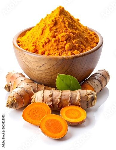 Turmeric powder and root on white.