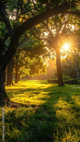 Golden sunlight filters through lush green trees, illuminating a vibrant park scene with a distant cityscape visible in the background.