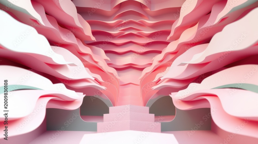 Fototapeta premium Abstract pink interior. Wavy layers create tunnel illusion. Minimalist design, soft lighting, geometric shapes dominate space.