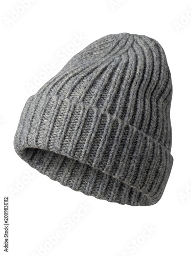gray knitted winter beanie hat isolated on white background closeup