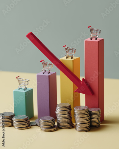 Colorful bar chart with descending red arrow and stacked coins illustrates declining retail spending power.