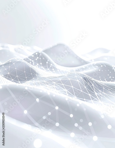 A futuristic abstract image showcases a flowing, white and silver wave-like structure interwoven with a delicate network of interconnected nodes, suggesting advanced technology and data connectivity.