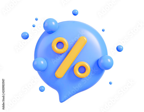 3D Percentage Symbol on a Speech Bubble with Floating Spheres