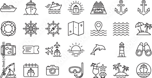 Cruise ship and ocean travel icons set, 28 nautical vacation line vector elements, summer holiday and maritime transport symbols for tourism design