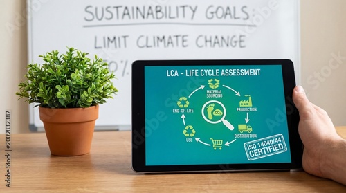 Hand holding a laptop with a green plant growing from the screen representing technology, internet communication, education, and eco friendly digital business concept