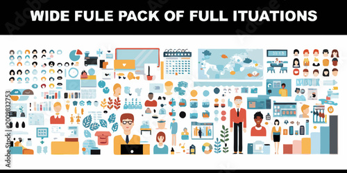 Diverse flat vector illustration pack with business people and technology icons and graphics high quality