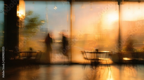Modern coffee shop with simple furniture and motion-blurred people. Open layout with copy space suits marketing and lifestyle visuals.