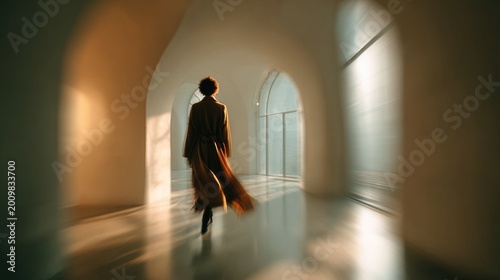 Woman in a long coat walking through a bright minimalist corridor. Her body is slightly blurred while the space remains sharp and structured.