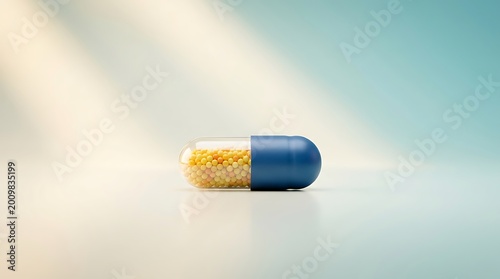 A single blue and clear medicine capsule filled with small yellow and orange pellets sitting in soft light