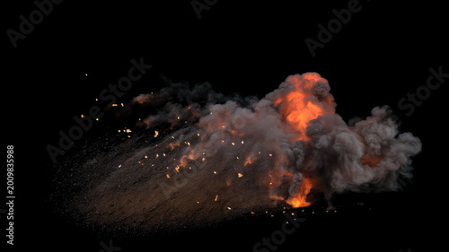 Tableau sur toile Huge explosion rises with its core glowing in intense orange flames and thick gr